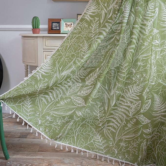 Sutuo Home Boho Curtain 84 Inches Length for Bedroom, Printed Cotton Linen Rod Pocket Rustic Farmhouse Bohemian Tassels Window Treatment, 1 Panel 59" W x 84" L, Green Tropical Leaves