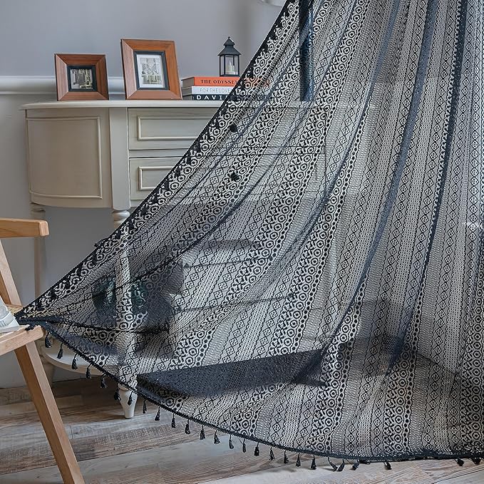 Sutuo Home Black Boho Curtain for Halloween Decor, Sheer Crochet Lace Handmade Tassels Knitted Window Treatment Vintage Rustic Bohemian Farmhouse Drape for Bedroom Rod Pocket 1 Panel 59" W x 96" L